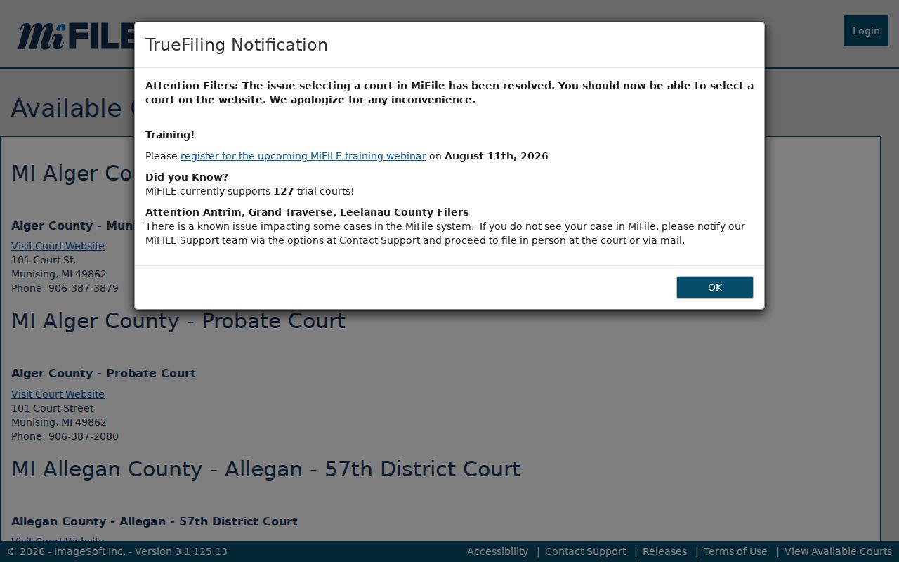 Emmet County docket search source showing MiFILE available courts
