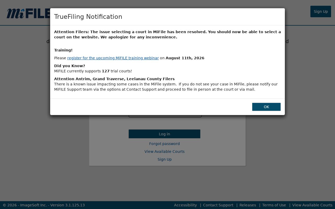 Emmet County docket search source showing the MiFILE filer login