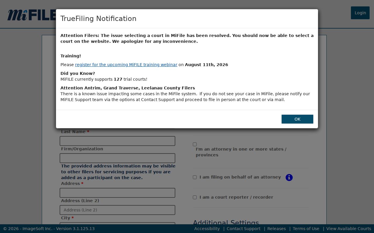 Emmet County civil court docket filing service registration screen