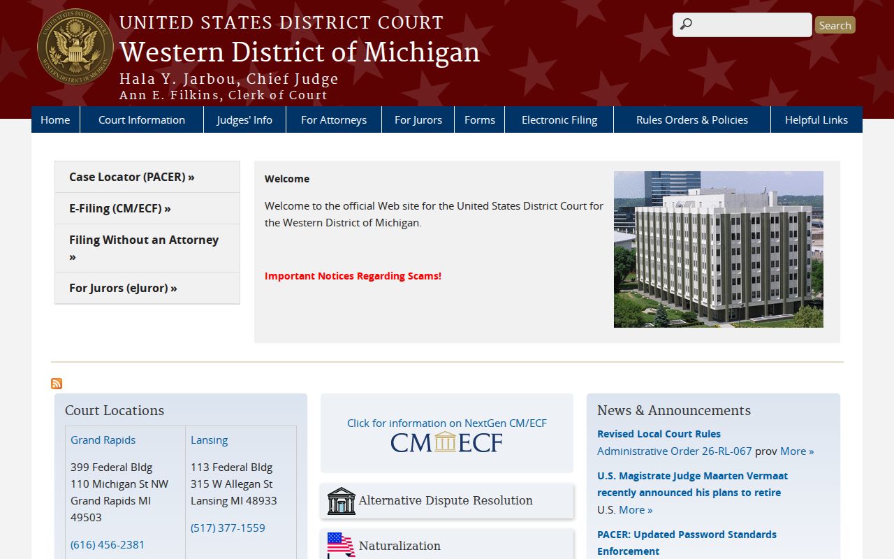 Emmet County court docket users identifying the Western District of Michigan federal court