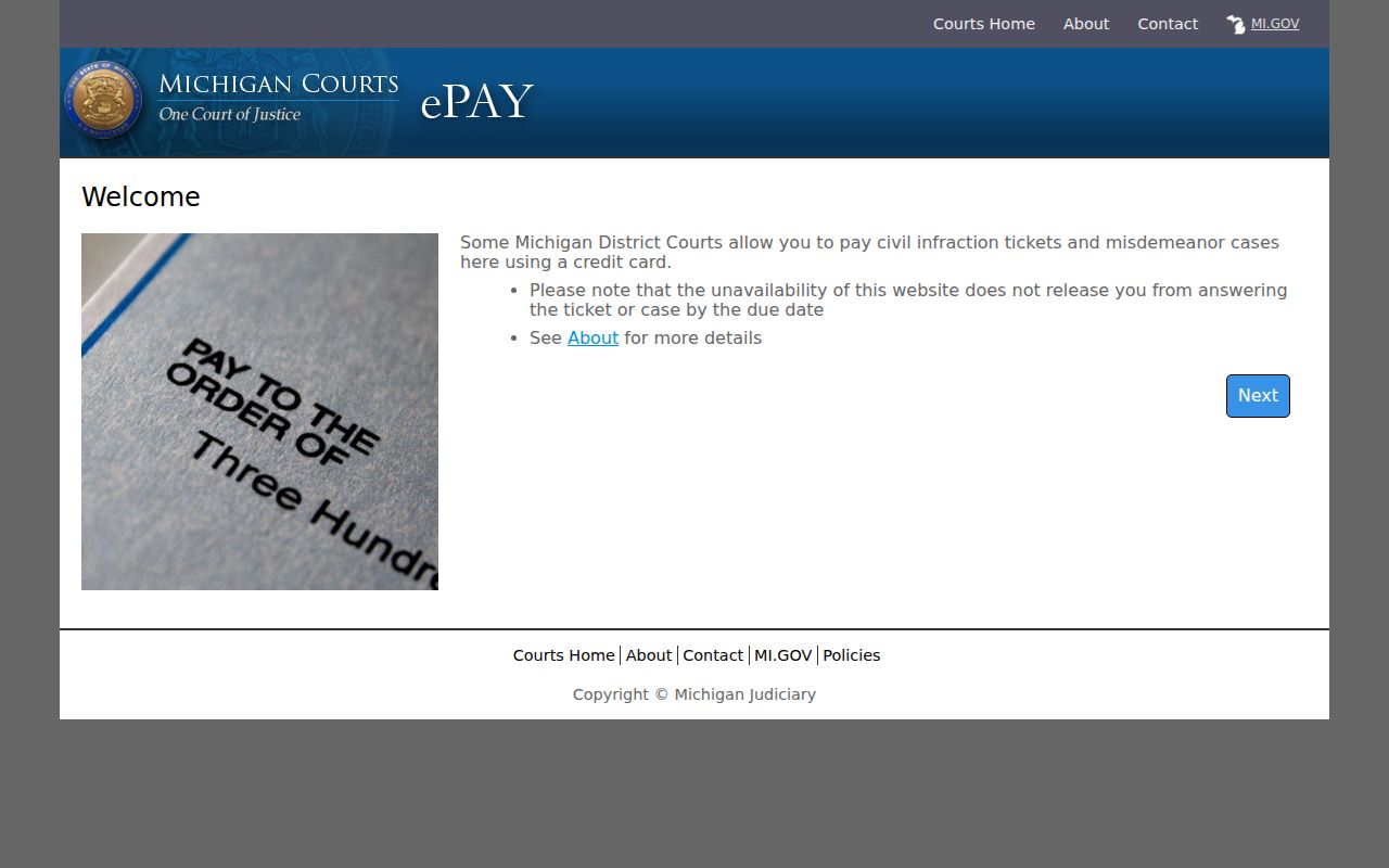 Emmet County traffic court record context on the Michigan PayTix home page